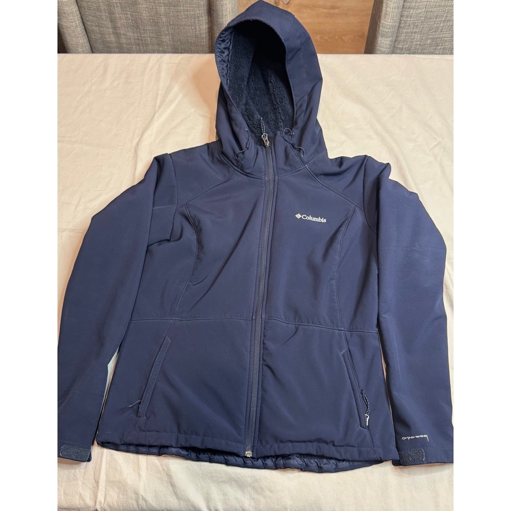 Columbia Omni-Wind Softshell Jacket Navy Fleece Lined Hooded Full Zip womens